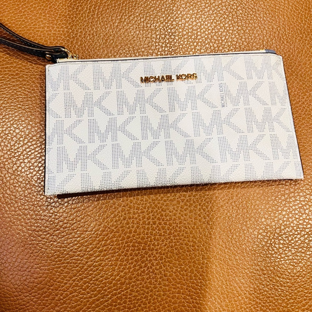 Michael Kors Monogram White and Gray Wristlet